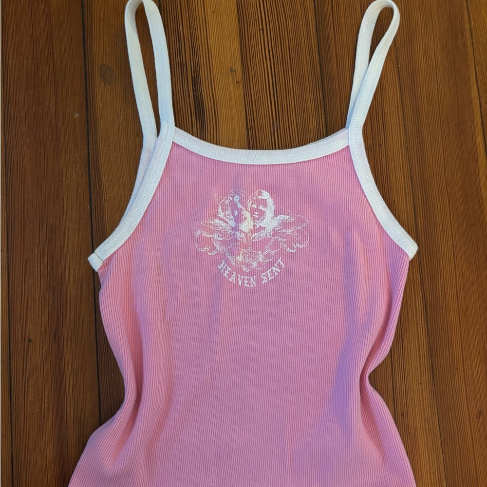 Brandy Melville Pink and White “Heaven Sent” Tank Top